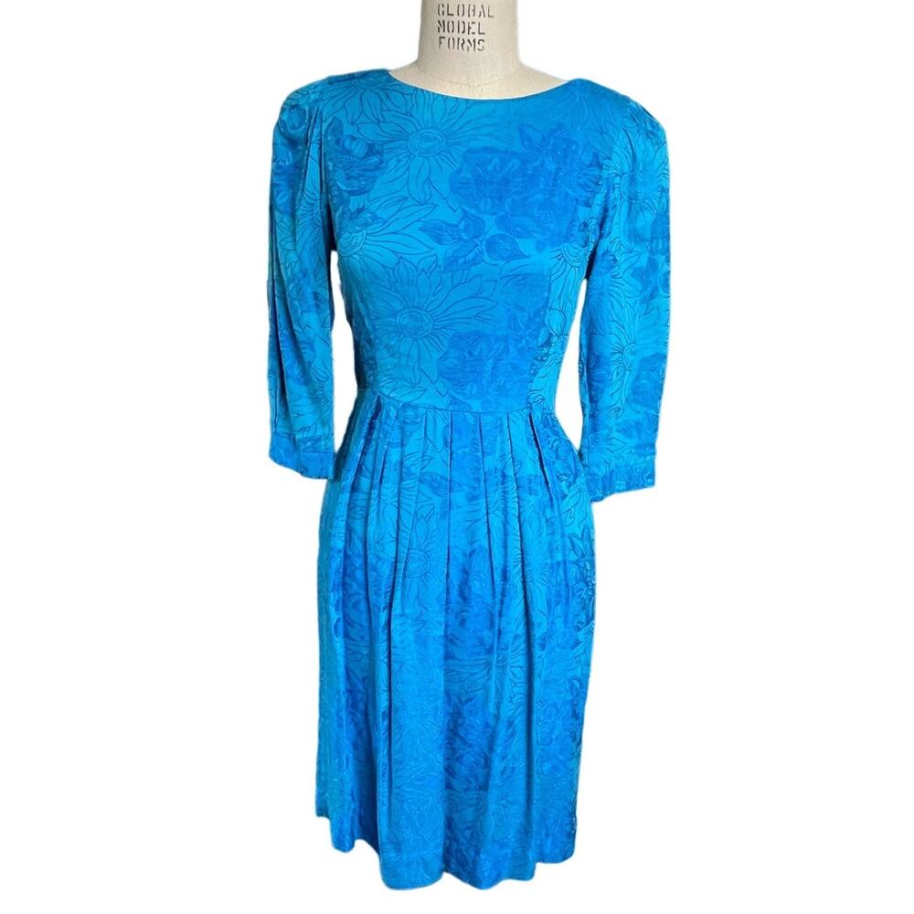 Vintage 70s Lanz Originals Blue Damask Knee-Length Dress Size 6-8
